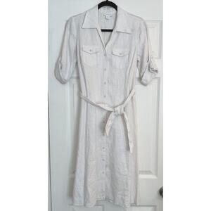 VTG‎ Charter Club 100% Linen Shirt Dress Size 4 White Roll Tab Sleeve Career EUC